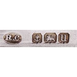 Early 20th century silver snuff box, of rectangular form with shaped edge, the hinged cover engraved with vacant cartouche, and both cover and underside engraved with foliate scrolls, opening to reveal a gilt interior, hallmarked Robert Chandler, Birmingham 1919, W5cm, approximate weight 1.28 ozt (39.9 grams)