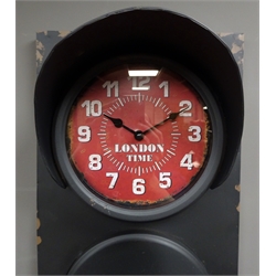  Metal traffic light wall clock, three Quartz clocks for London, New York and Paris, H83cm  