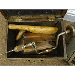  Mahogany box and pine box containing a selection of vintage tools  