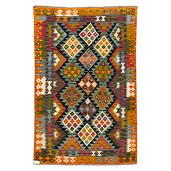 Afghan Maimana flatweave kilim runner, central field features large bold nested diamond mo...