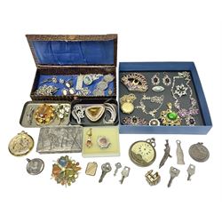  Silver jewellery, including ingot pendant, cameo ring and earrings and bracelet, together with a collection of costume brooches and necklaces, and two pocket watches