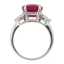 18ct white gold three stone round ruby and pear shaped diamond ring, hallmarked ruby approx 4.75 carat