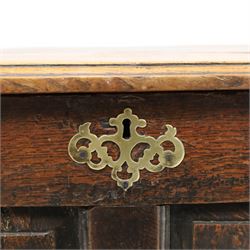 18th century oak coffer, rectangular top with moulded top, four fielded panel front, raised on a moulded plinth base