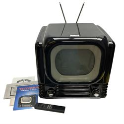 Radiocraft Retrovisor Metropolis television, the 1950s retro style Jazz Black case with chrome trim and V shaped antenna housing 9 inch colour screen, with remote control, receipt, manual and leaflets, serial no 9032