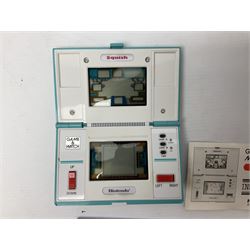 Collection of retro handheld games, including Nintendo Game & Watch ‘Snoopy Tennis’ (1982) and ‘Squish’ (1986) both with instruction booklets, Casio CG-600 ‘Star Invader’ with box, 3 in 1 LCD cartridge game including ‘Soccer’, ‘Invader’ and ‘Bomb Finder’ games, and two Grandstand ‘Pinball Wizard’ (1988) games, both with original boxes