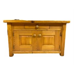 Pine sideboard, rectangular top over drawer and double panelled cupboard