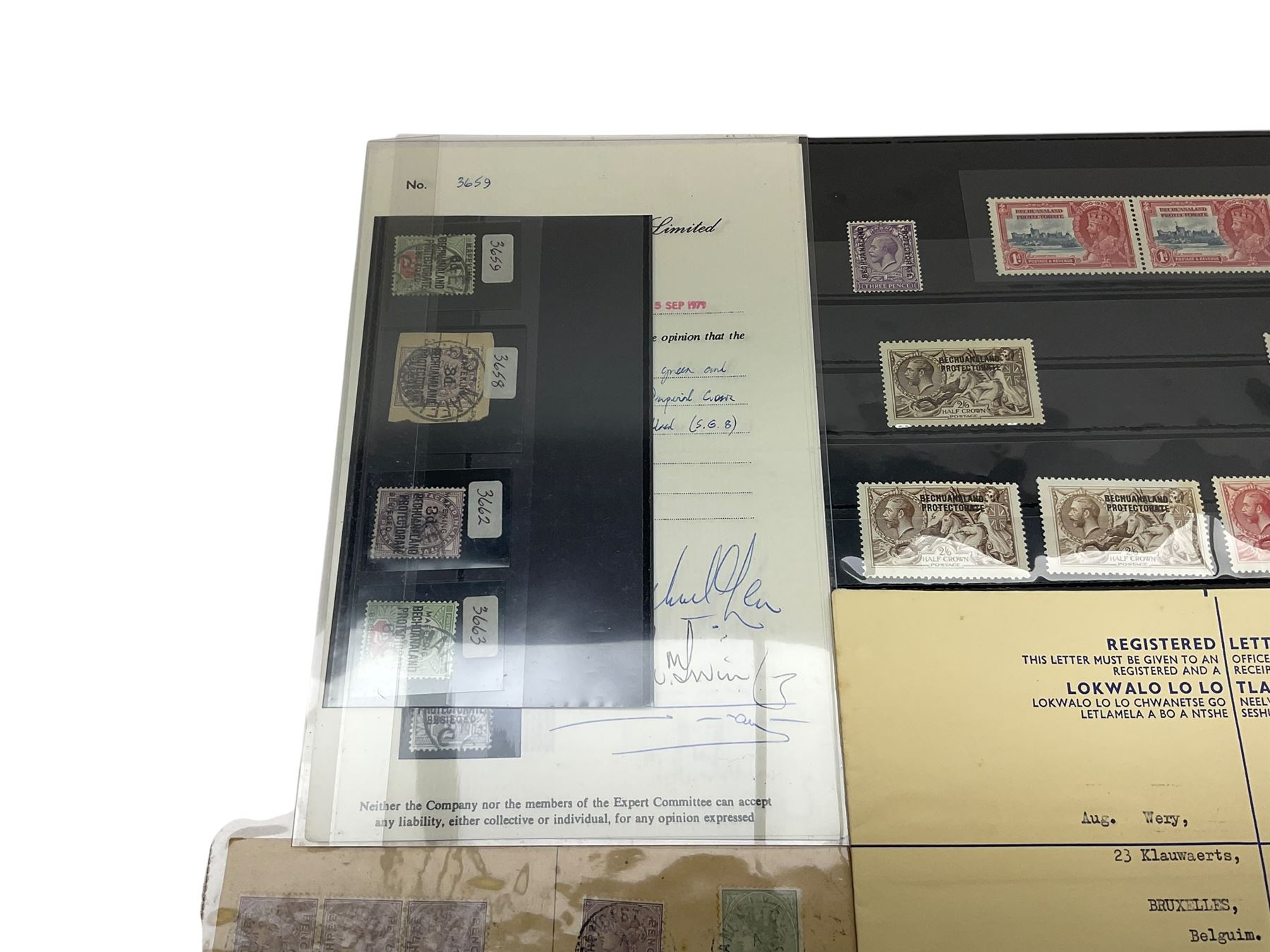 Mostly Bechuanaland Queen Victoria and later stamps, including wrapper from Mafeking to Germany with Bechuanaland two pence, King George V Bechuanaland Protectorate overprints on seahorses with half crown and five shillings values, various items of postal stationary, Airmail letters etc