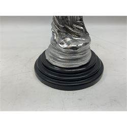 Cast Rolls Royce Spirit of Ecstasy style car mascot, raised upon a circular stepped wooden base, H36cm
