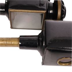 Pair of brass and toleware carriage lamps, the traditional chimney over a rectangular form body with bevelled glass, reflective panels, and rear circular red reverse light, H43cm