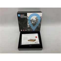 Royal Dutch Mint 'Europe Remembers' silver three coin set, comprised of Royal Canadian Mint 2020 one dollar '75th Anniversary of V-E Day', The Royal Mint 2020 one pound '75th Anniversary of VE Day' and Royal Dutch Mint 2020 five euros '75 Years of Freedom', cased with certificate