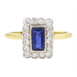 Art Deco gold baguette cut sapphire, old and single cut diamond cluster ring by Blanckensee & Son Ltd, stamped 18ct & PT, sapphire approx 0.60 carat, total diamond weight approx 0.15 carat