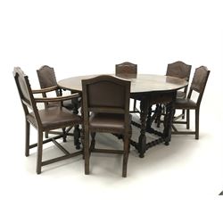 18th century oak drop leaf oval dining table, gate leg bobbin turned supports (W171cm, H76cm, D146cm) and set six (4+2) oak framed dining chairs, leather studded back and seat, cup and cover supports (W55cm)