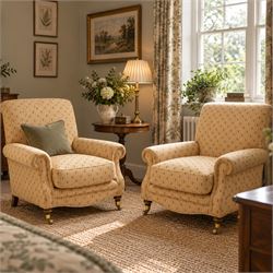 Pair of Victorian style armchairs of traditional shape, high rolled and sprung back over r...