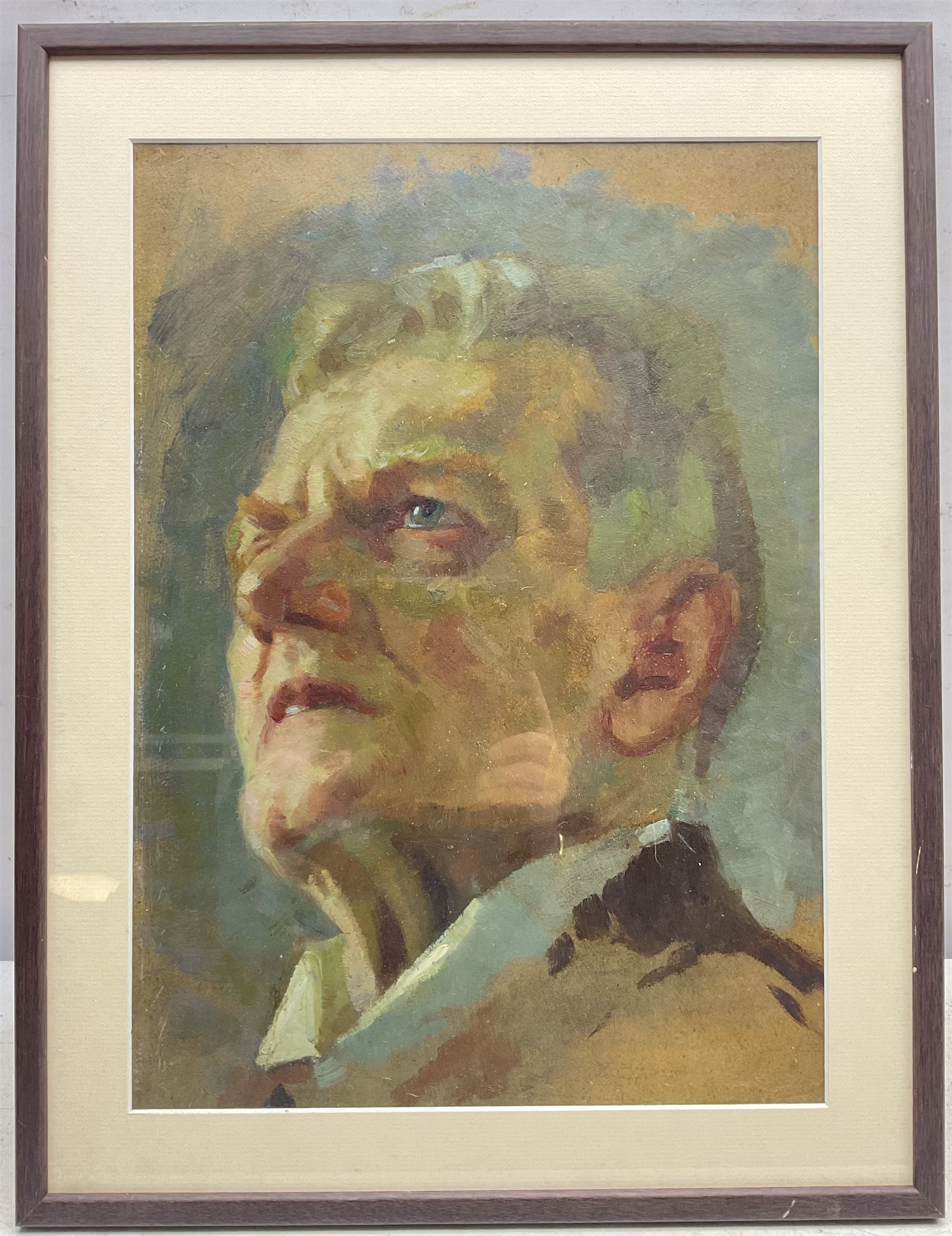 Hedwig Brecher Eibuschitz (Austrian 1880-1959): Portrait of a Man, oil on board unsigned, titled verso 42cm x 30cm; Continental School (20th Century): Portrait of Lady with Headscarf, pencil sketch signed with monogram 18cm x 19cm (2)