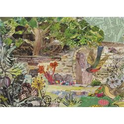 Penny Wicks (British 1949-): 'The Secret Garden Masham', mixed media collage 27cm x 37cm