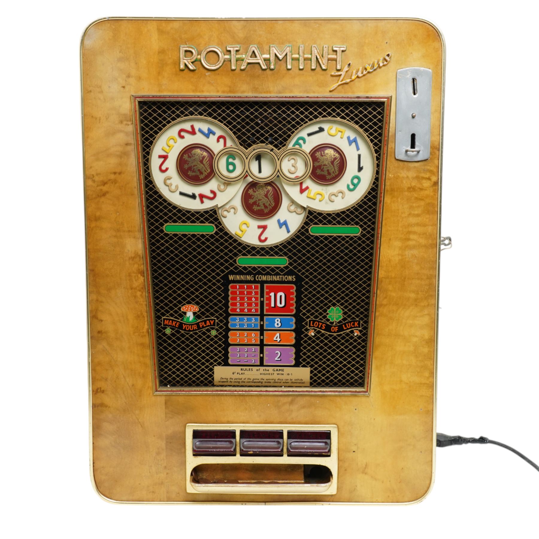 1960's Rotamint Luxus wall mounted arcade game, H71cm x  W51cm x D18cm