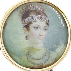 Victorian gold portrait brooch/pendant, set with a circular miniature of Pauline Bonaparte on ivory, under a glazed panel, within a gold mount, the reverse inscribed 'Pauline Bonaparte, B.Q.J, April 22nd 1891'. This lot has been registered for sale under Section 10 of the APHA Ivory Act