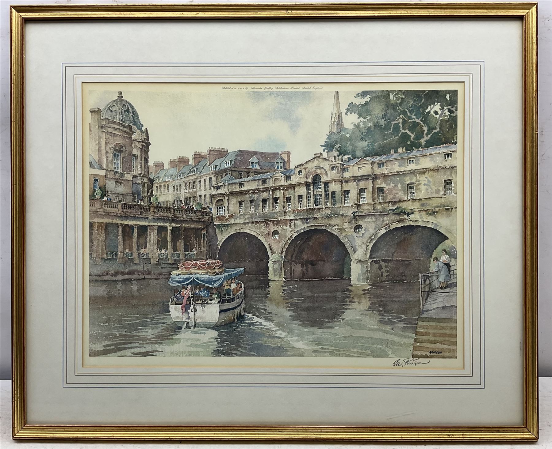 Eric R. Sturgeon (British 1920-1999): 'The Palace Gatehouse Wells', 'Bath Abbey', 'Pulteney Bridge' and 'Wells Cathedral', set of four lithographs signed in pencil and blind stamped, together with a print of Labradors, signed 'Logan' and numbered in pencil max. 43cm x 58cm (5)