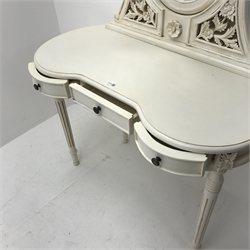 French style white kidney dressing table, raised oval mirror back, three drawers, turned tapering reed supports, W101cm, H151cm, D50cm