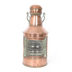 Early 20th century copper ships lantern, with curved and ribbed clear glass panel and swin...