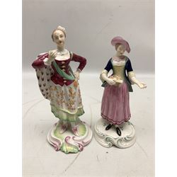 Seven Spode Chelsea figures, comprising no.1, no.2, no.3, no.4, no.6 and two further smaller examples, together with a Dresden figure of a gentleman, no. K10003, and a Delft style figure of a boy, some with boxes, tallest H23cm (9)