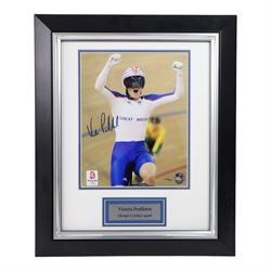 Two limited edition signed London 2012 Olympic colour photographs, the first depicting Jessica Ennis crossing the finish line, with her signature in black marker pen, the second depicting Victoria Pendleton in celebration, with her signature to the left hand side in black marker pen, both with 2012 Olympic Memorabilia authenticity holograms, largest frame H60cm