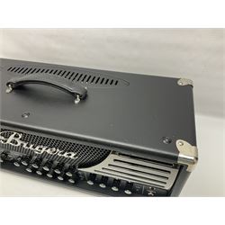 As new Bugera 333XL Infinium Hardcore 120-watt 3-channel tube amplifier head with reverb and Infinium tube life multiplier; date code 1507; number S1500576AAC L69cm; boxed with foot controller, power cable and paperwork