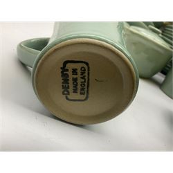 Denby Manor Green pattern part tea and dinner service, to include seven dinner plates, thirteen side plates, ten dessert plates, two oval dishes of various sizes, four cups and saucers, seven bowls with covers, two teapots etc (74)  