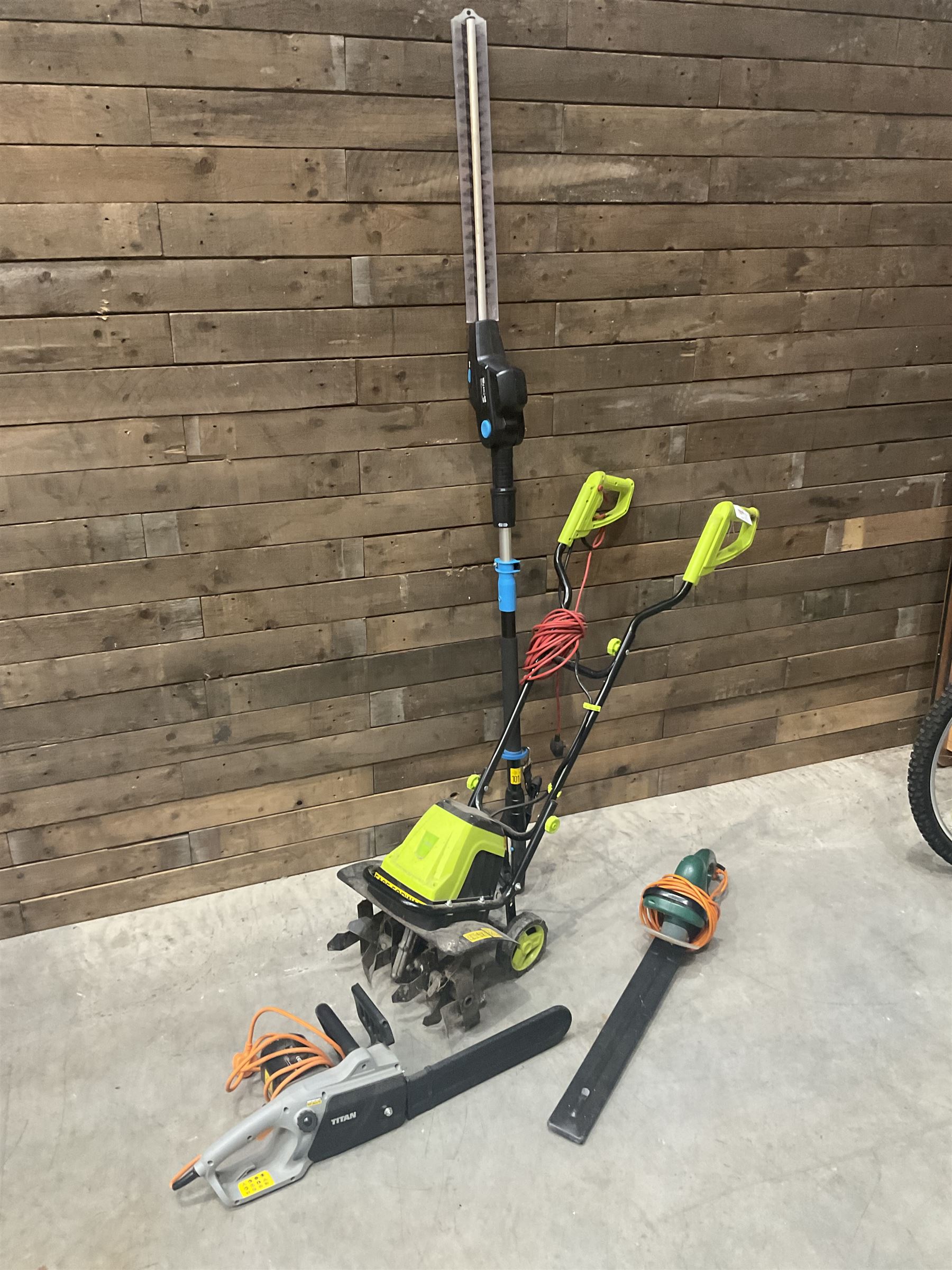 GardenGear electric tiller, MacAllister hedge trimmer, Titan electric chainsaw, and a hedge trimmer