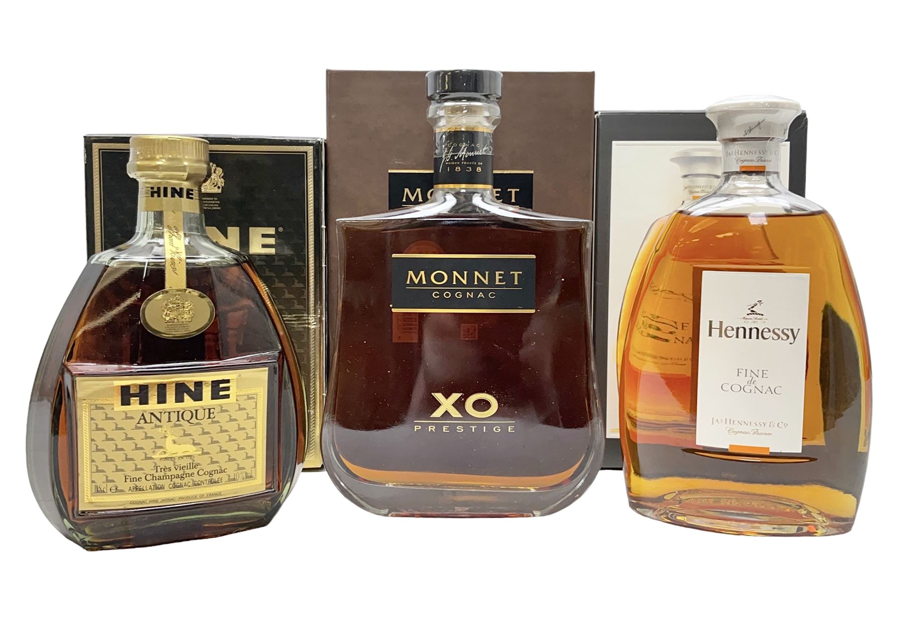 Hennessy, fine de cognac, 70cl, 40% vol, Monnet, Xo prestige cognac, 70cl, 40% proof and Hine Antique, Tres Vieille champagne cognac, 68cl, 40% vol, all with original boxes 