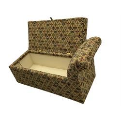 Large upholstered chaise ottoman, hinged seat enclosing storage space