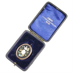 19th century Pietra Dura flower brooch in a gilt metal surround, with blue velvet jewellery box