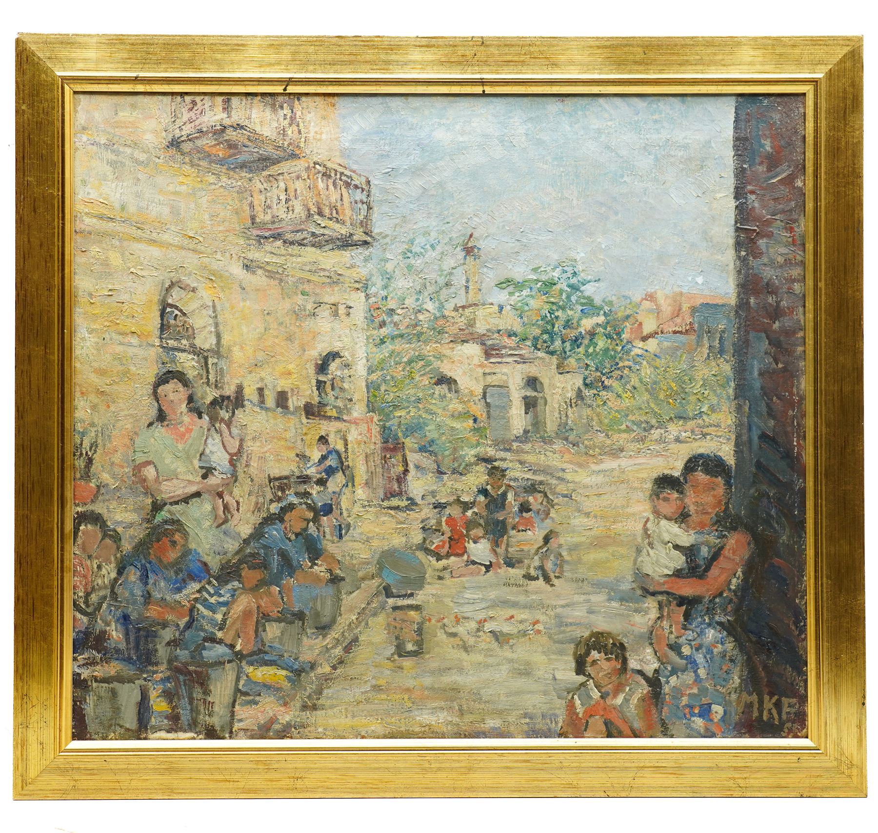 Margaret Kroch Frishman (student of Oskar Kokoshka) (German 1897-1972): 'Jerusalem - Israel - Jordan Border', oil on canvas signed with monogram MKF and dated '55, inscribed on label verso 56cm x 63cm
