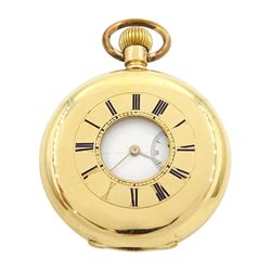 19th / early 20th century 18ct gold half hunter keyless lever pocket watch, white enamel dial with Roman numeral hour markers and subsidiary seconds dial, back case with monogramed initials, stamped 18K with Helvetia hallmark
