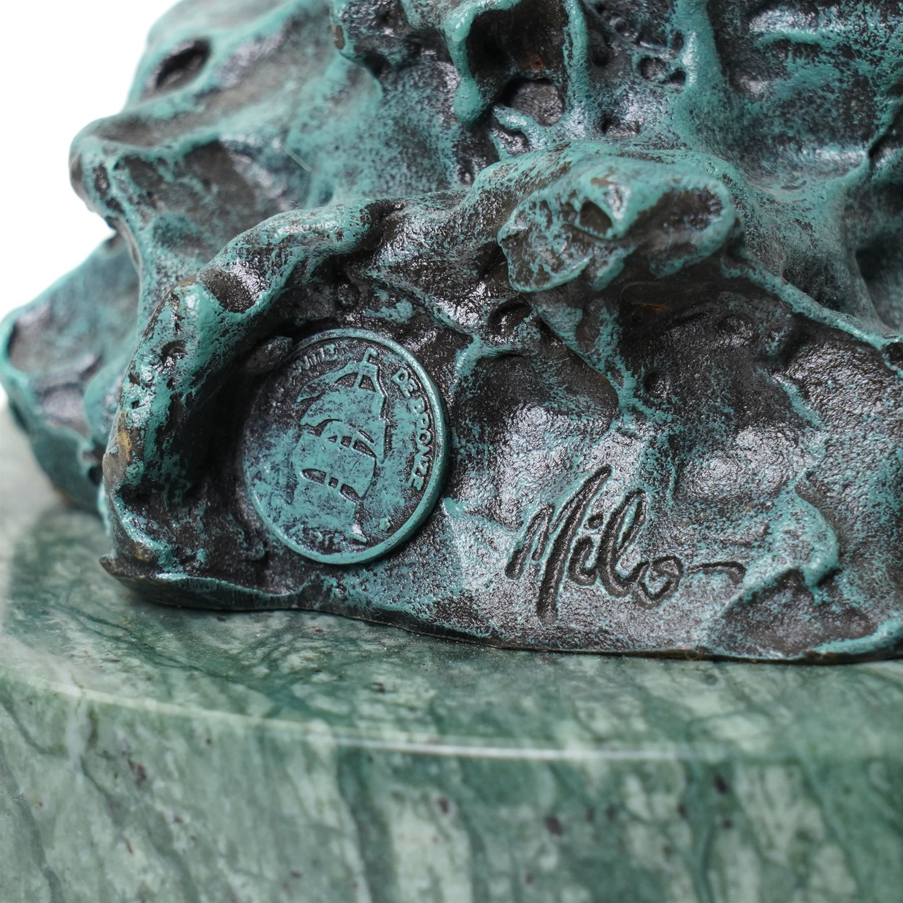 After Jules Moigniez - bronze figure of an eagle poised to attack, upon green marble base, overall H50cm