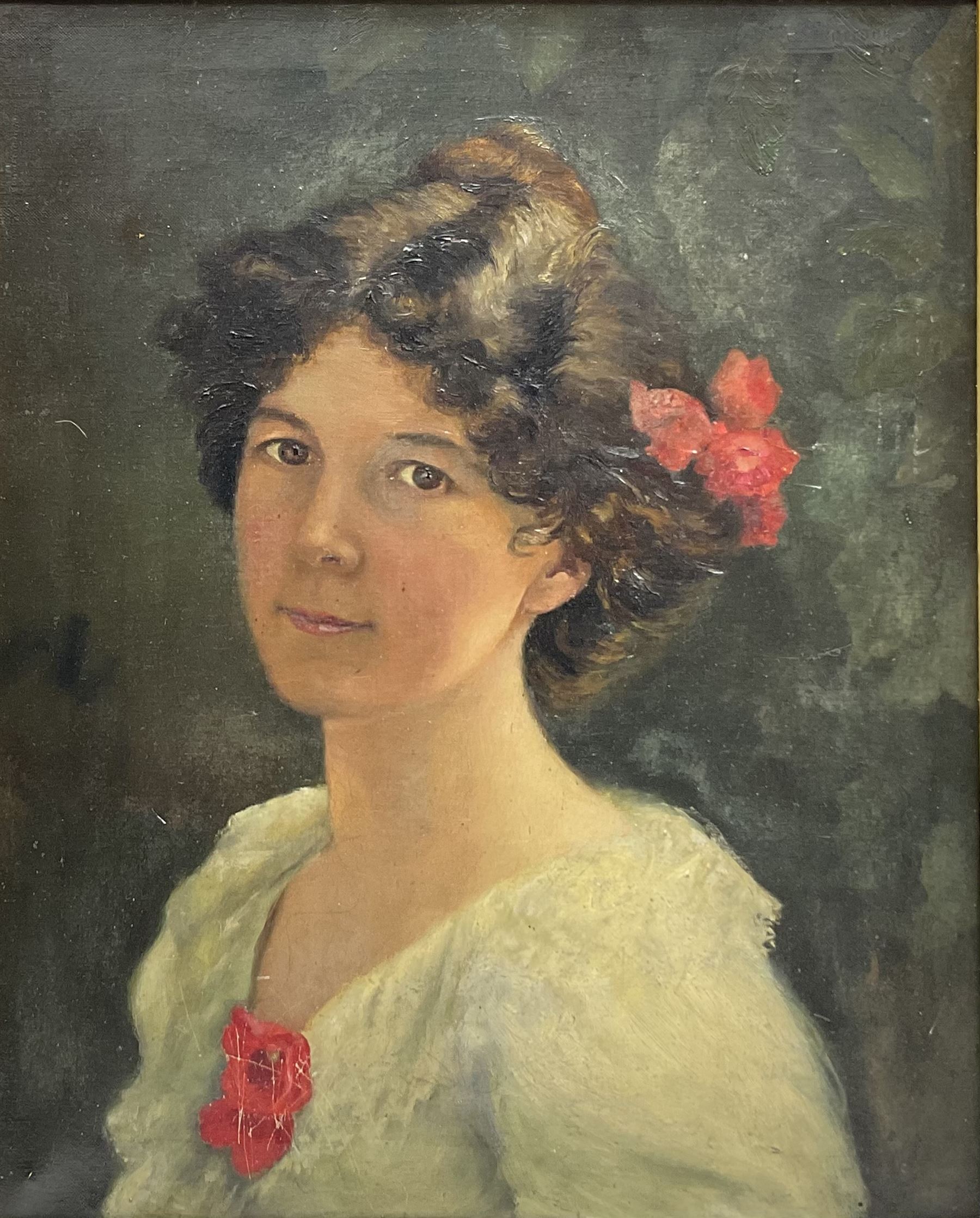 Annie Horrocks (British exh.1898-1903): Portrait of a Young Woman with Flowers in Her Hair, oil on canvas signed and dated 1903, 52cm x 42cm