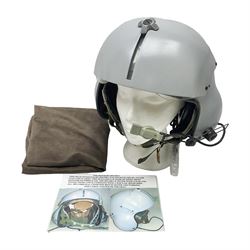 Silver grey SPH-4B Flight Helmet as used by helicopter pilots in the USAF and US Army in the 1990s; made of epoxy resin reinforced fibreglass; fitted with clear and tinted visors and complete with an M-87A/AIC boom mike; original condition and bench tested.