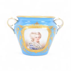 Sevres style part cabaret tea set, comprising teapot, twin handled sucrier, milk jug, and pair of tea cups, each with hand painted portrait reserves within gilt scrolling borders upon a bleu celeste ground, the teapot, sucrier and jug also detailed with hand painted floral sprays, each with spurious Sevres mark beneath, teapot H16.5cm