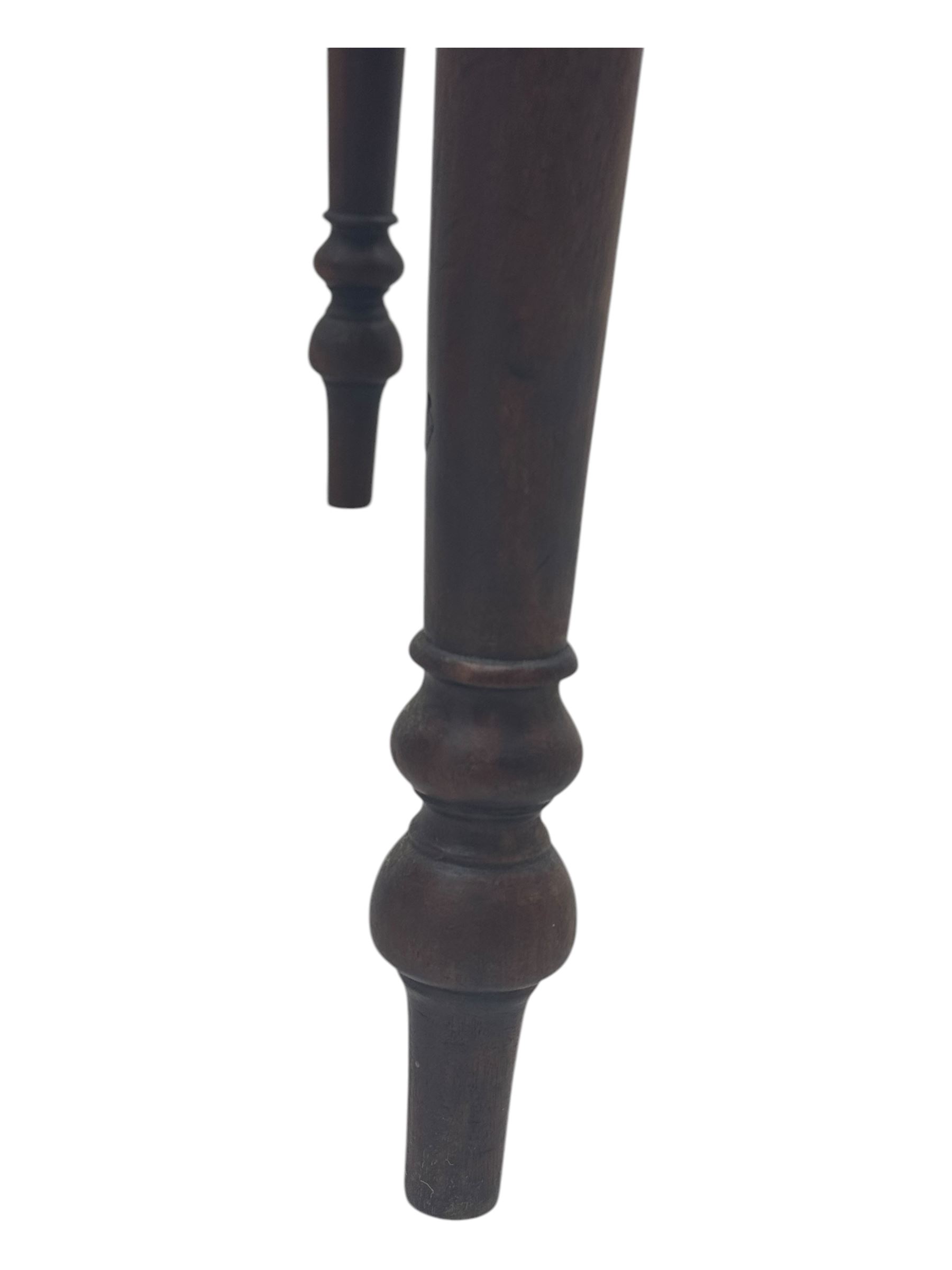 Georgian design mahogany drop-leaf table, rectangular top above a single drawer with brass handle, square supports united by arched undertier, on brass castors (W62cm, D65cm, H72cm); and a smaller mahogany drop-leaf table with single drawer on turned supports (W43cm, D61cm, H72cm)