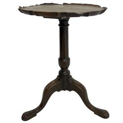 George III mahogany tripod table, circular moulded pie-crust top on turned pedestal, three splayed supports with angular spade feet