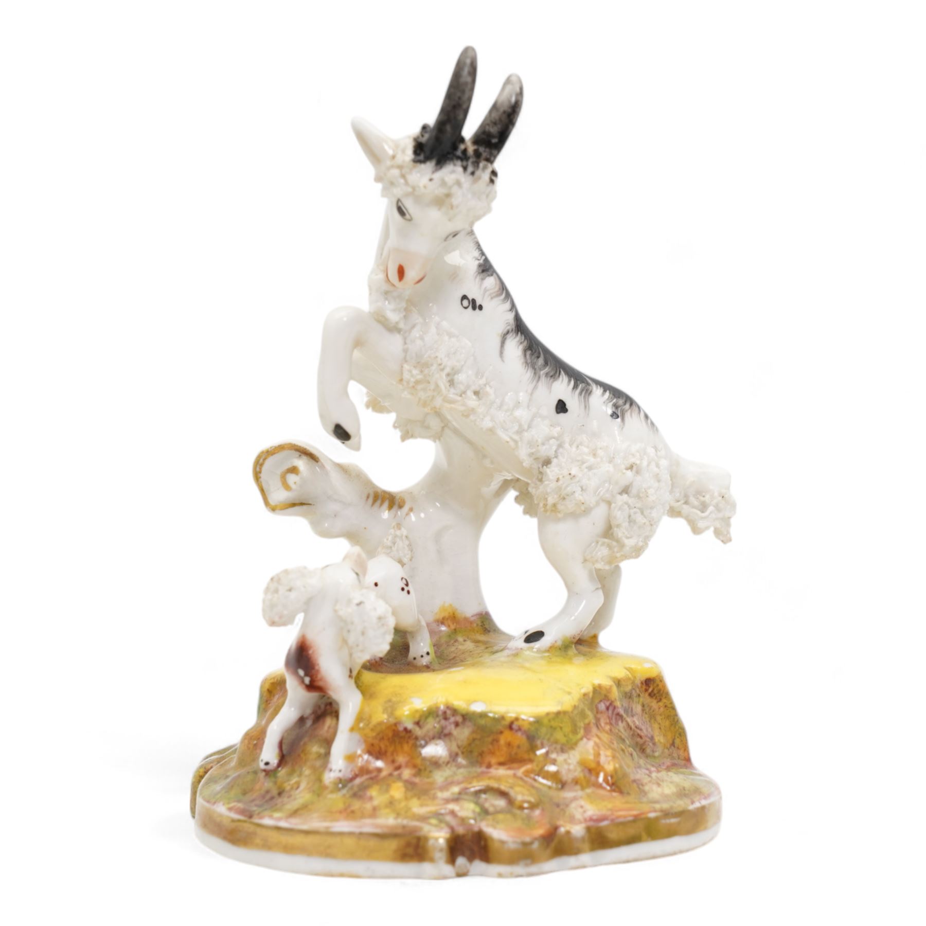 Early 19th century Staffordshire pearlware group by Ralph Salt, modelled as a sheep and lamb before a flowering bocage, impressed 'Salt' verso, H16cm, pair of similar Staffordshire pearlware sheep and ram and poodle group, numbered 198 beneath, with 'Max Bilbe Collection' label (4)