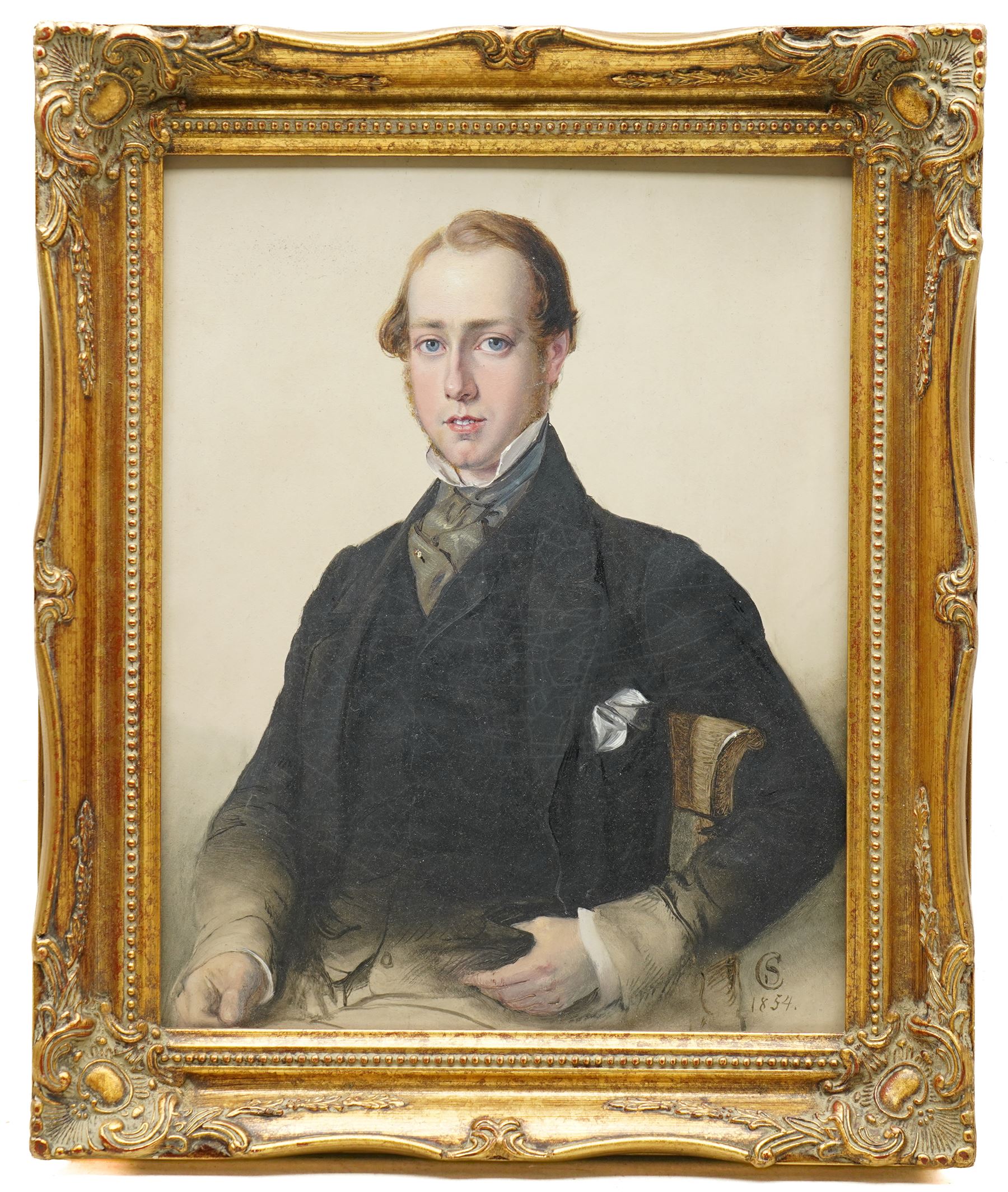 English School (20th century): Portrait of a Seated Victorian Gentleman, oil on board signed with monogram CS and dated 1854, 34cm x 27cm