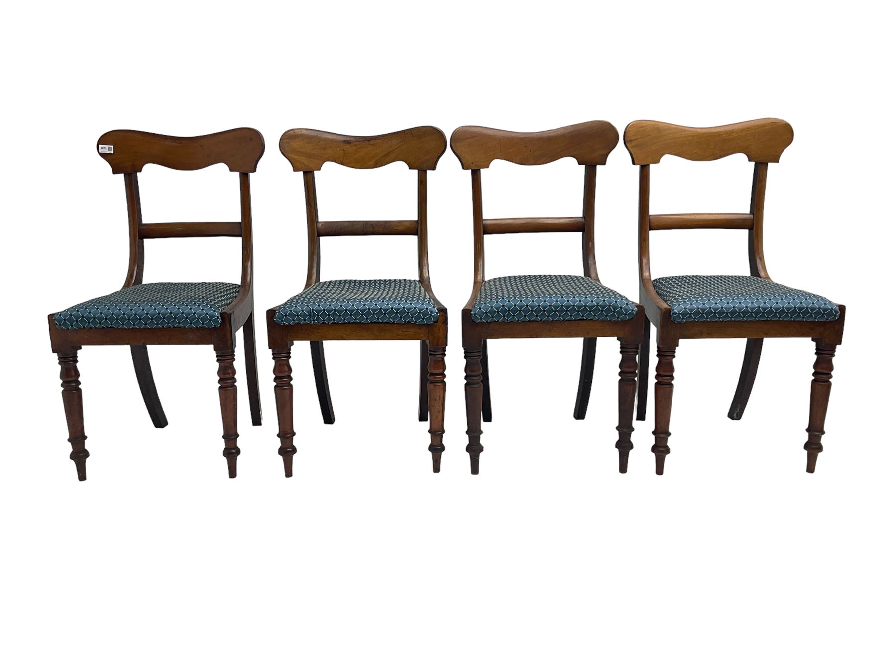 Set four Victorian mahogany dining chairs, shaped cresting rail over centre rail, seat upholstered in blue patterned fabric, raised on turned supports