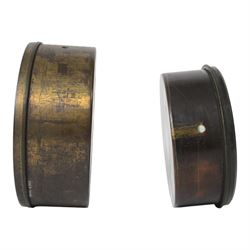 Two large brass cased condenser lenses, largest D21cm