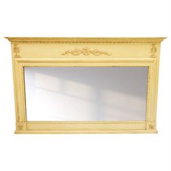 Traditional design cream painted overmantle mirror, projecting cornice with applied foliat...
