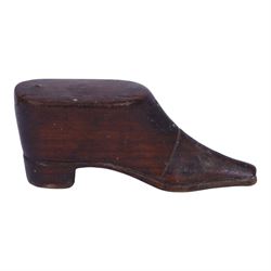 Two 19th Century treen novelty snuff boxes modelled as shoes, both with pinwork decoration, H4cm