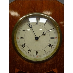  Early 20th century mahogany mantel clock, shaped case inlaid with fans and boxwood stringing, base with turned bun feet, Swiss made barrel movement, H25cm  