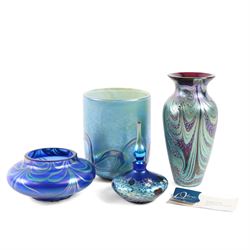 Okra scent bottle, of squat form with marbled blue iridescent design, together with Okra v...