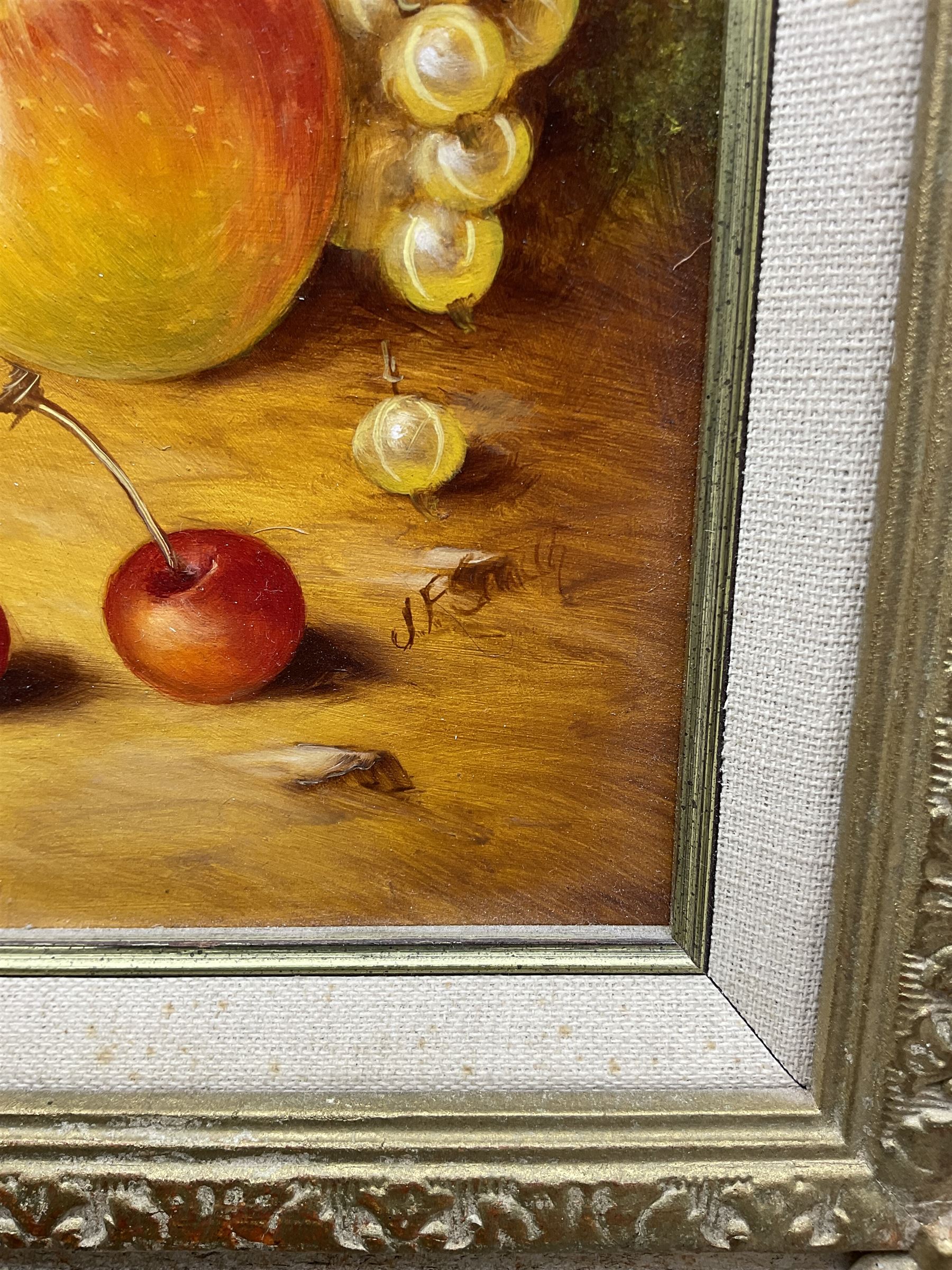 John F Smith (British 1934-): Still Life of Apples, pair oils on board signed 24cm x 19cm 
Notes: Smith was employed by Royal Worcester as a fruit painter between 1950 and 1971.
