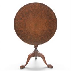 Georgian design figured walnut tripod table, book-matched sun-burst veneered circular snap...